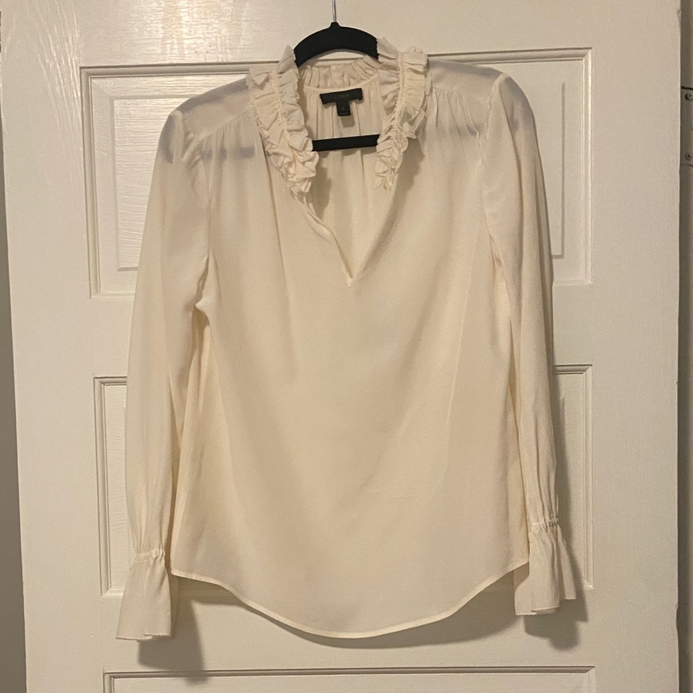 J. Crew Cream Ruffle V-Neck Blouse